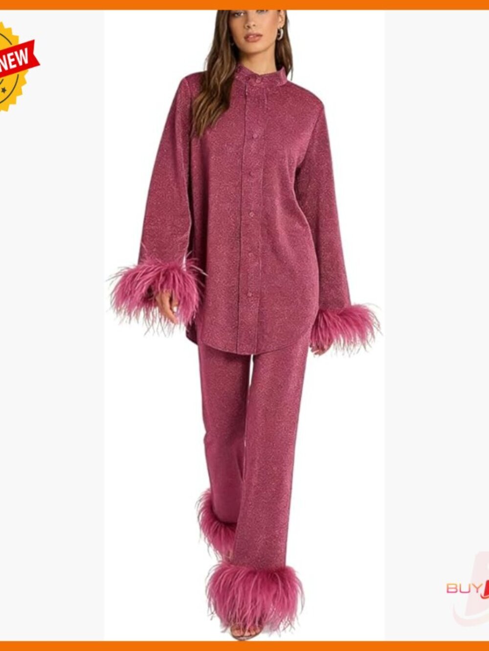 Medium Polyester Lounge Set with Feather Cuff Blouse and Wide Leg Pants
